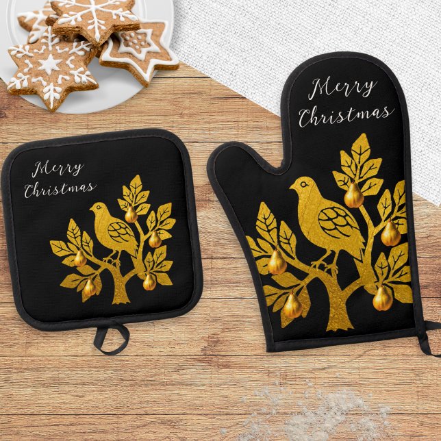 Set De Manoplas Pañuelo En La Nochebuena De Morrisas Negras En Árb (A black oven glove and pot holder set, with festive greeting and faux gold partridge in a pear tree)