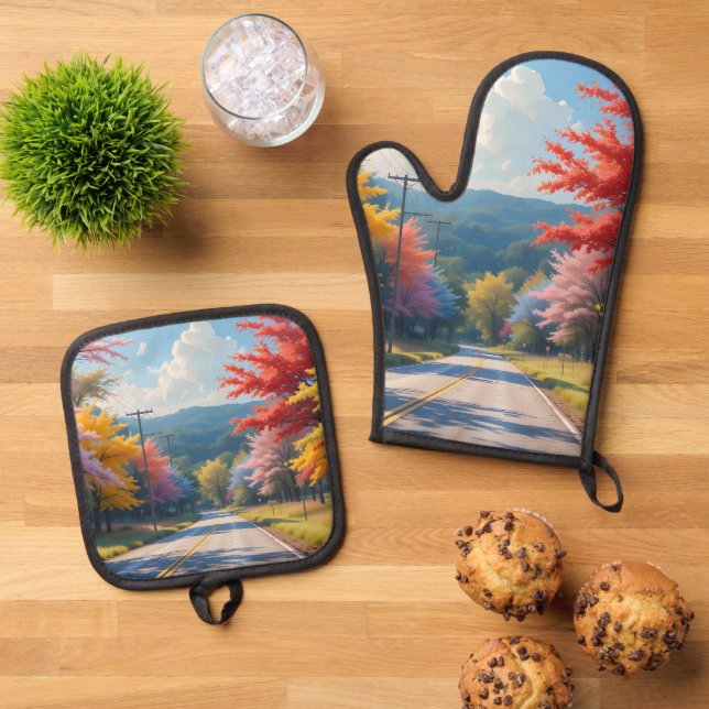 Set De Manoplas Pastel Autumn Country Road Watercolor (De arriba hacia abajo)