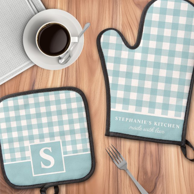 Set De Manoplas Pastel Blue Gingham Plaid Checkered Monogrammed (Subido por el creador)