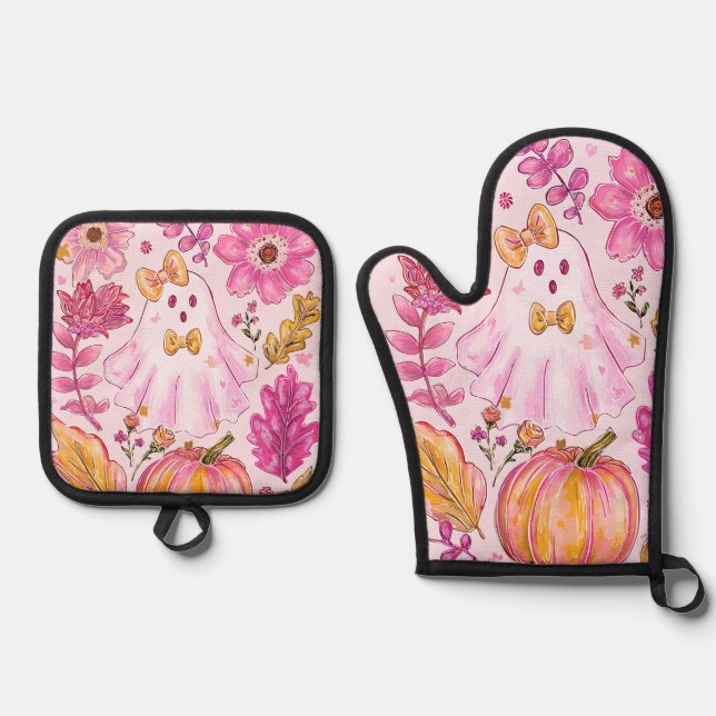 Set De Manoplas Pastel Pink Halloween Ghost with Flowers and Pumpk (Anverso)