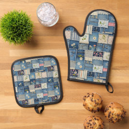 Set De Manoplas Patchwork Denim