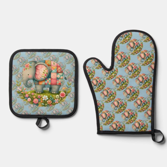 Set De Manoplas Patchwork Elephant Floral Meadow Charm (Anverso)