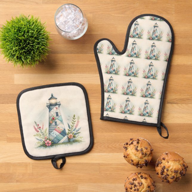 Set De Manoplas Patchwork Lighthouse Coastal Floral Scene (De arriba hacia abajo)