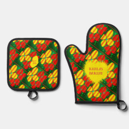 Set De Manoplas Patrón amarillo de flores rojas con fondo verde