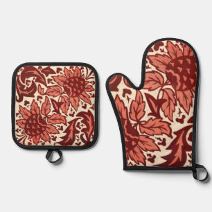 Set De Manoplas Patrón Antiguo de Flores y Frutas Rojas