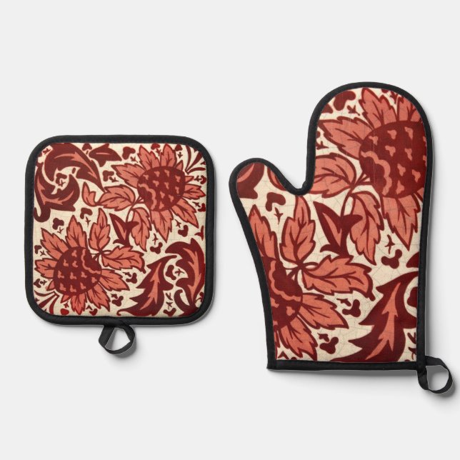 Set De Manoplas Patrón Antiguo de Flores y Frutas Rojas (Anverso)