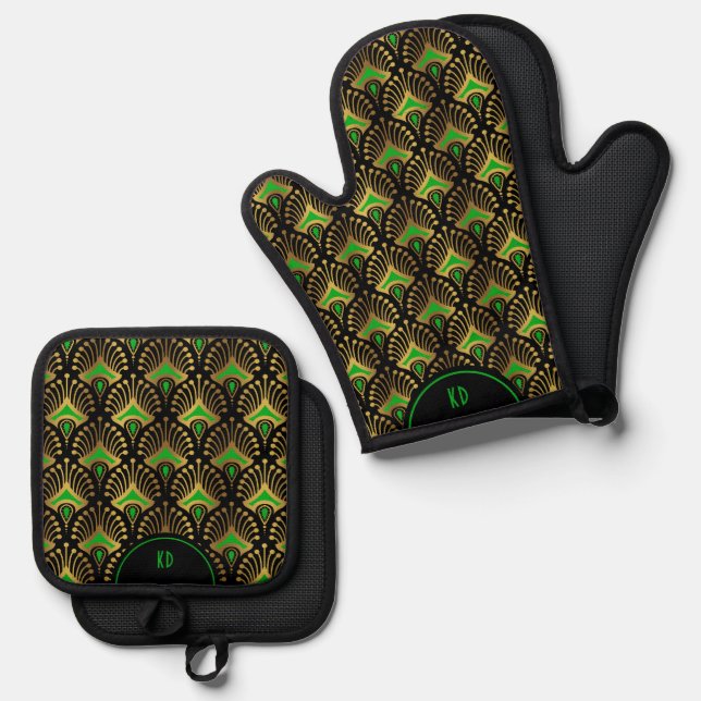 Set De Manoplas Patrón Art Déco de oro verde sobre negro (Anverso/Reverso)