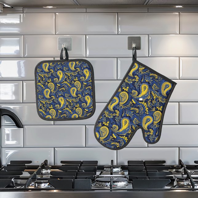 Set De Manoplas Patrón Azul Amarillo de Paisley (Subido por el creador)