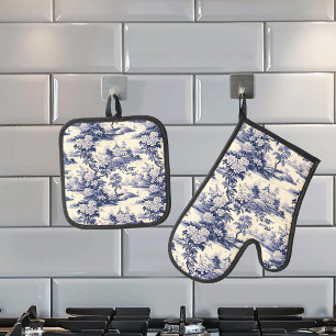 Set De Manoplas Patrón azul Toile De Jouy azul marino
