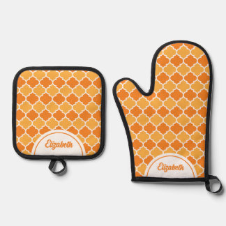 Set De Manoplas Patrón blanco naranja de quatrefoil personalizado