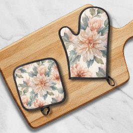 Set De Manoplas Patrón Botánico Acuarela de Flores de Crisantemo