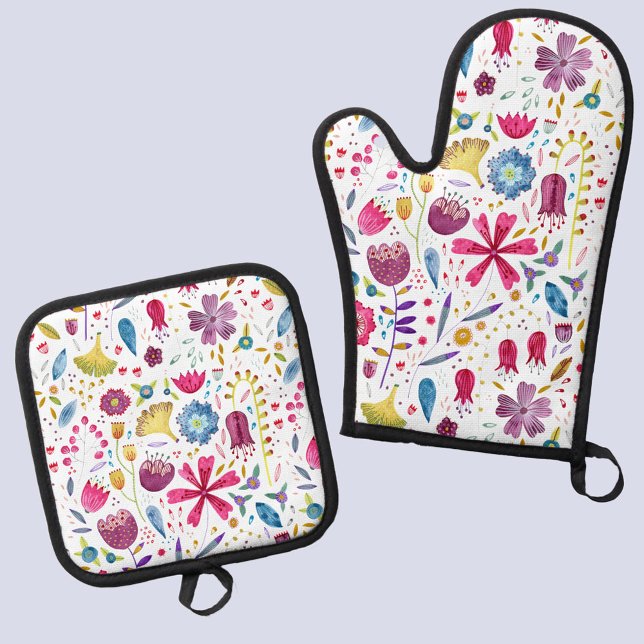 Set De Manoplas Patrón botánico acuarela de flores silvestres (Wildflower watercolor pattern kitchen oven mitt and pot holder)