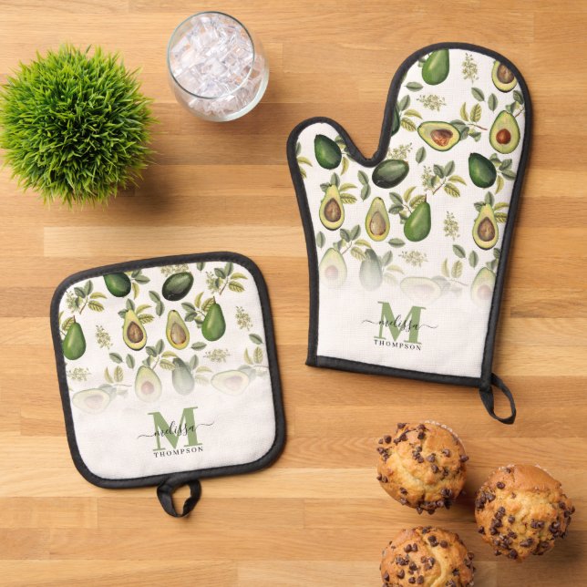 Set De Manoplas Patrón Botánico de Aguacate Monogramado (De arriba hacia abajo)