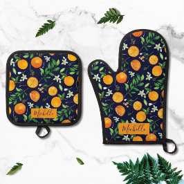 Set De Manoplas Patrón Botánico Floral de Cítrico Naranja Verano
