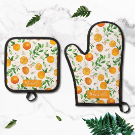 Set De Manoplas Patrón botánico floral de cítricos naranjas de ver