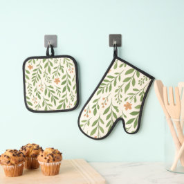 Set De Manoplas Patrón botánico minimalista con hojas verdes