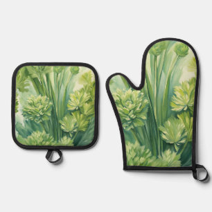 Set De Manoplas Patrón botánico verde apio exuberante