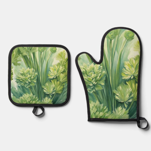 Set De Manoplas Patrón botánico verde apio exuberante (Anverso)