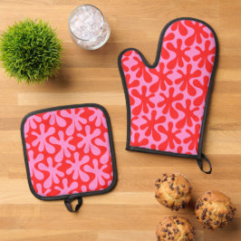 Set De Manoplas Patrón contemporáneo rosa y rojo de Amoeba Preppy