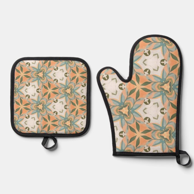 Set De Manoplas Patrón continuo botánico azul melocotón (Anverso)