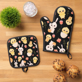 Set De Manoplas Patrón continuo de adorables conejos y pollitos de