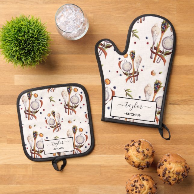 Set De Manoplas Patrón continuo de cocina personalizada (De arriba hacia abajo)