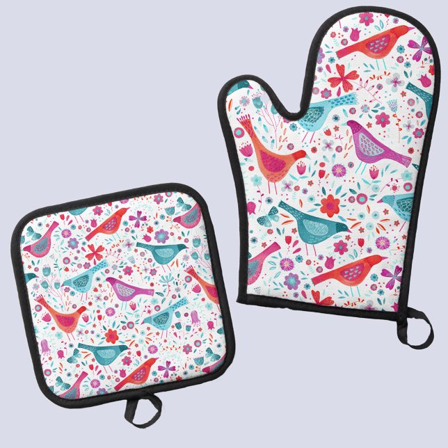 Set De Manoplas Patrón de acuarela de aves y flores (Watercolor bird and flower pattern kitchen oven mitt and pot holder)