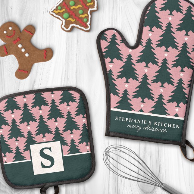 Set De Manoplas Patrón de árbol de Navidad Rosa Verde Monogramado (Subido por el creador)