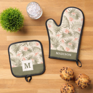 Set De Manoplas Patrón de árbol de palmas hisbiscus tropical