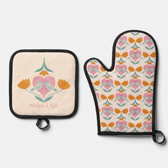 Set De Manoplas Patrón de aves de amor y flores (Anverso)