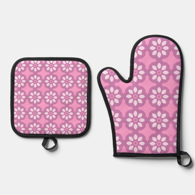 Set De Manoplas Patrón de Baldosa Retro Flor de Rosa (Anverso)