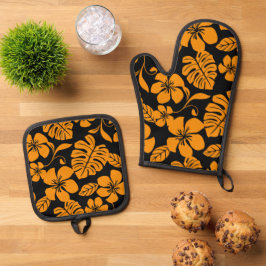 SET DE MANOPLAS PATRON DE BIKINI ROSA EN NEGRO/NARANJA