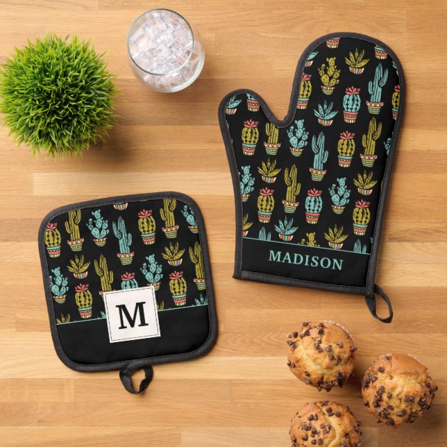 Set De Manoplas Patrón de cactus de grunge oscuro (De arriba hacia abajo)