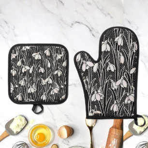 Set De Manoplas Patrón de campanilla de nieve en negro y blanco