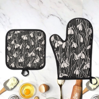 Set De Manoplas Patrón de campanilla de nieve en negro y blanco
