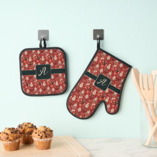 Set De Manoplas Patrón de cascanueces rojos monograma Navidad
