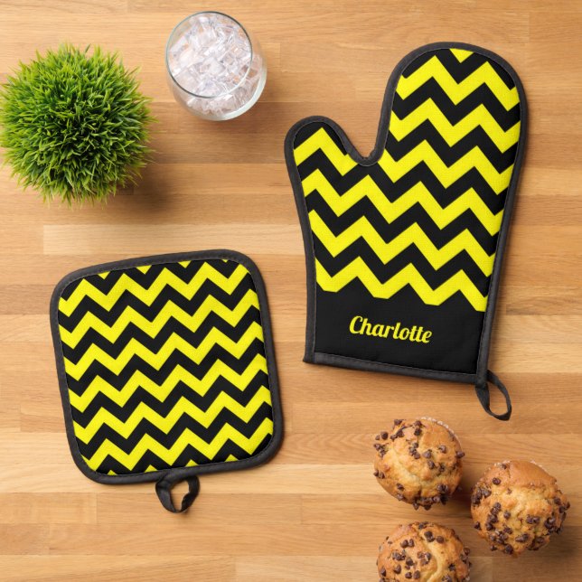 Set De Manoplas patrón de chevron amarillo y negro personalizable (De arriba hacia abajo)