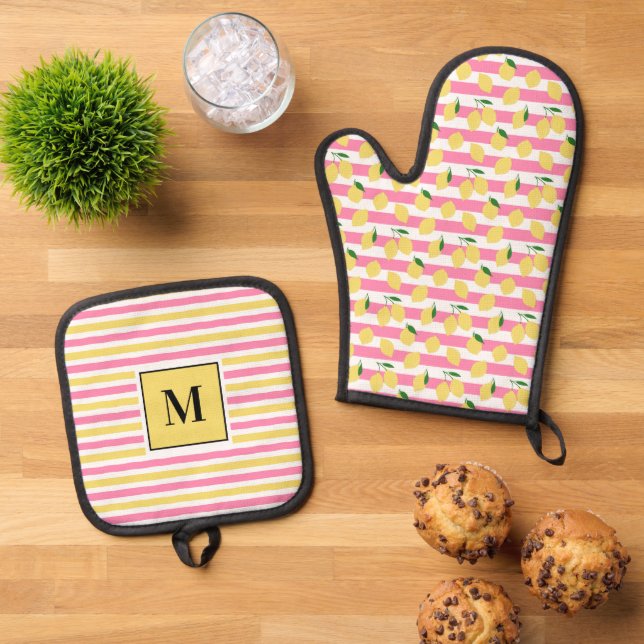 Set De Manoplas Patrón de cítricos moderno monogramado (De arriba hacia abajo)