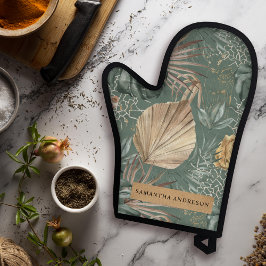 Set De Manoplas Patrón de color de agua tropical dorado y hojas ve