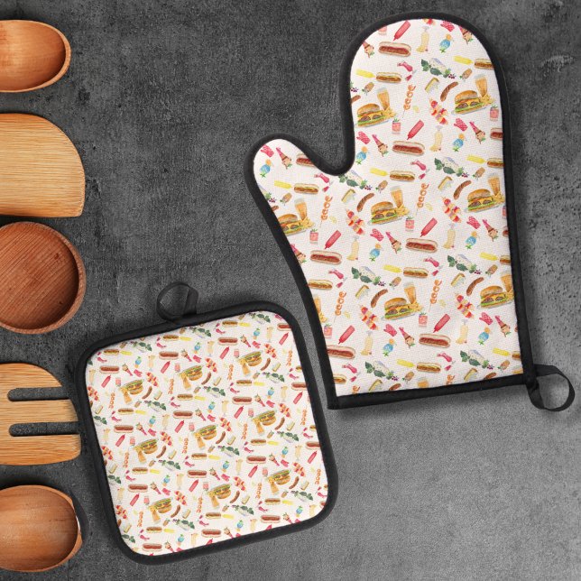 Set De Manoplas Patrón de comida, bebidas y postres BBQ acuarela (Subido por el creador)