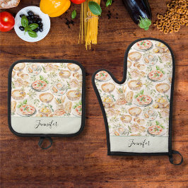 Set De Manoplas Patrón de comida mediterránea en acuarela personal