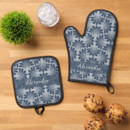 Set De Manoplas Patrón de concha azul costera y nombre personaliza