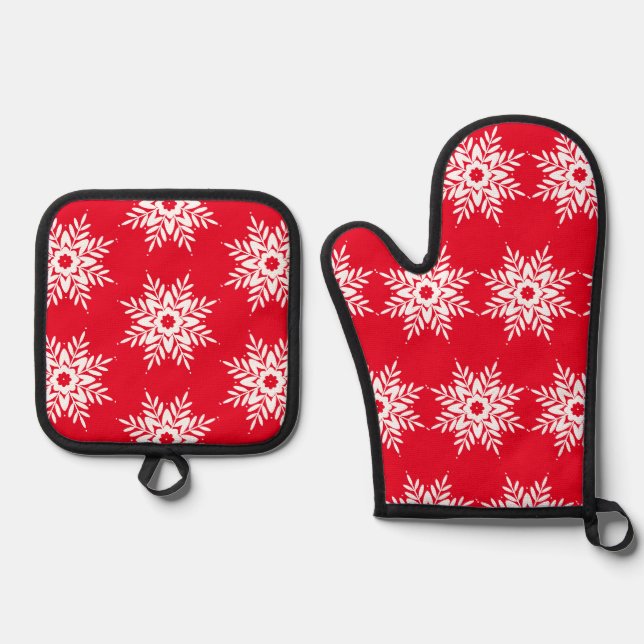 Set De Manoplas Patrón de copo de nieve blanco rojo (Anverso)