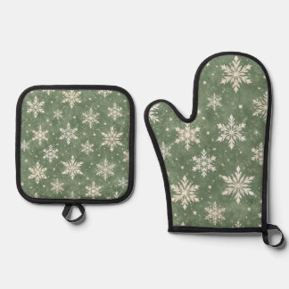 Set De Manoplas Patrón de copo de nieve en acuarela Sage