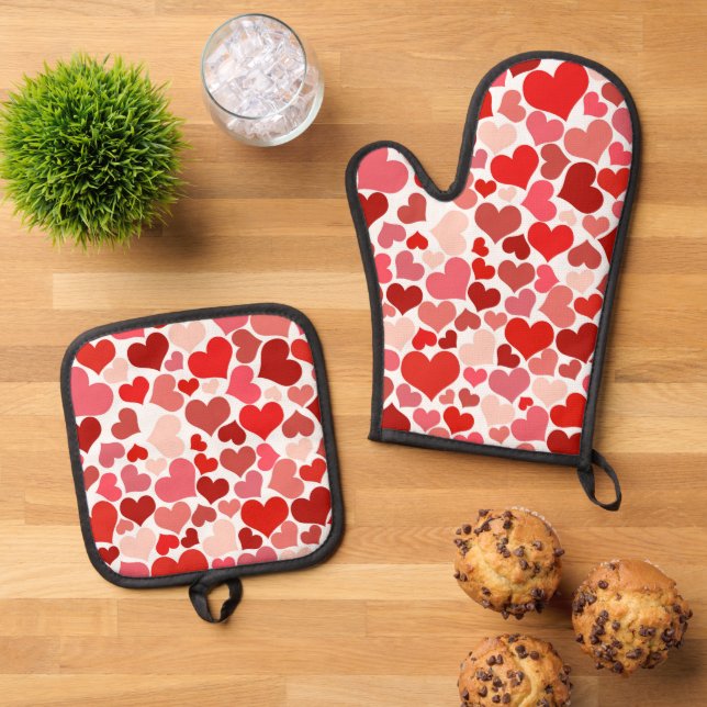 Set De Manoplas Patrón De Corazones, Corazones Rojos, Amor (De arriba hacia abajo)