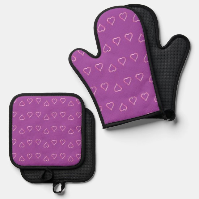 Set De Manoplas Patrón de corazones rojos sobre morado (Anverso/Reverso)