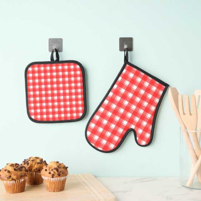 Set De Manoplas Patrón de Cuadro Escocés Retro Rojo Blanco (Insitu (colgante))