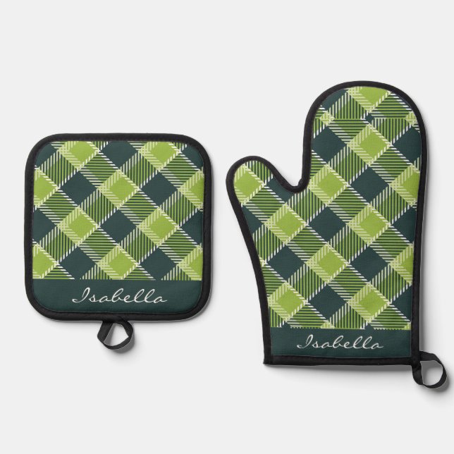 Set De Manoplas Patrón de Cuadros Verde Oliva Personalizado Blanco (Anverso)