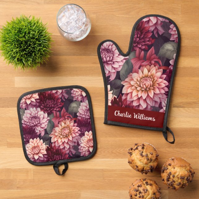 Set De Manoplas Patrón de Dalia Rosa Rojo Acuarela (De arriba hacia abajo)
