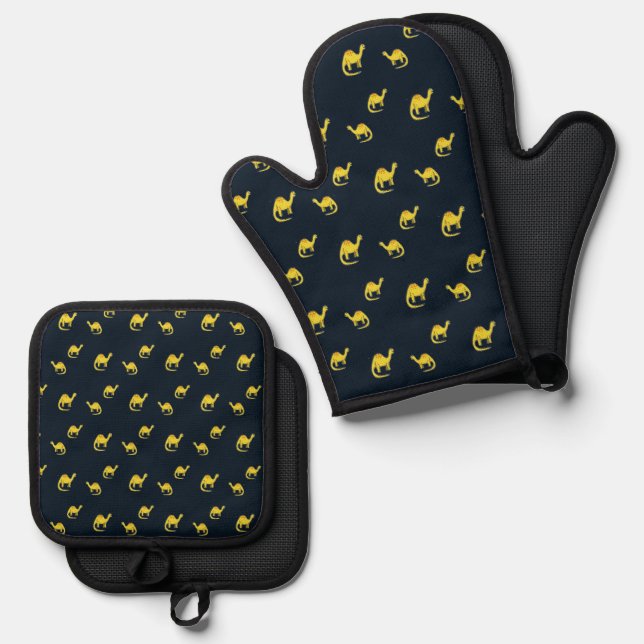 Set De Manoplas Patrón de dinosaurios amarillos en azul (Anverso/Reverso)